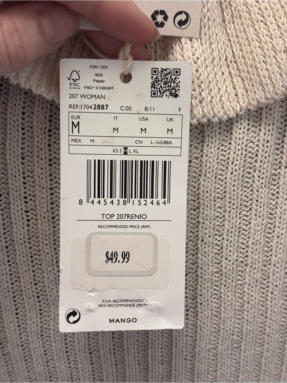 Mango Cream Ribbed Knit Top with Ruffle V-Neck - Picture 8 of 11